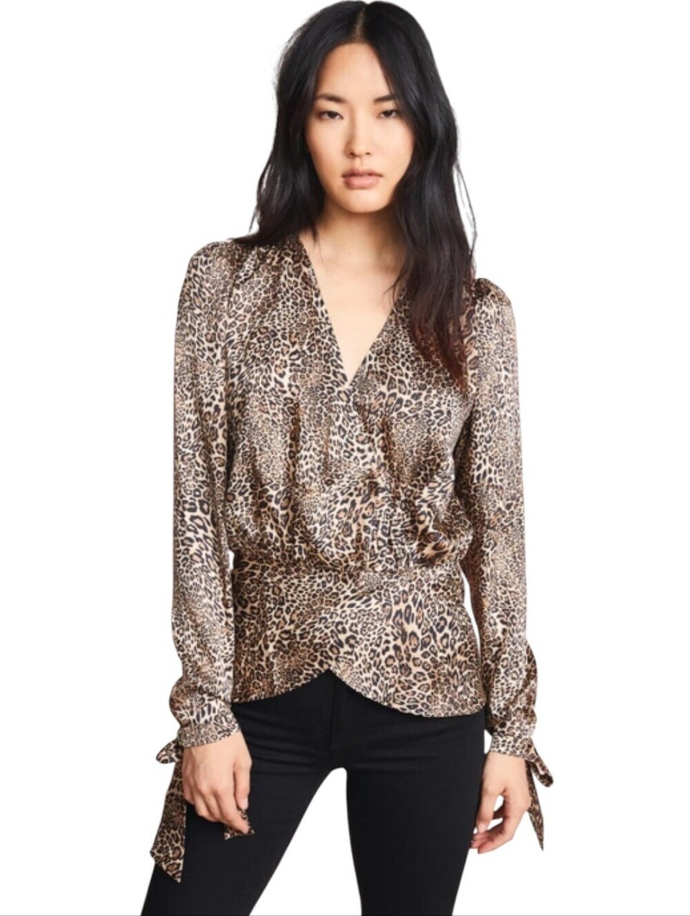 Ronny Kobo Corsella Leopard Print Wrap Blouse Long Sleeve Tie Cuff Top Women's S